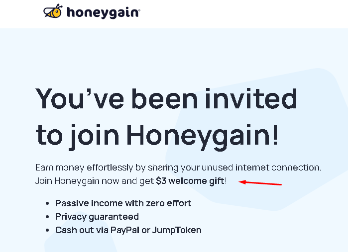 Captura de tela da página oficial de convite do Honeygain confirmando o bônus de boas-vindas de 3 dólares para novos cadastros.