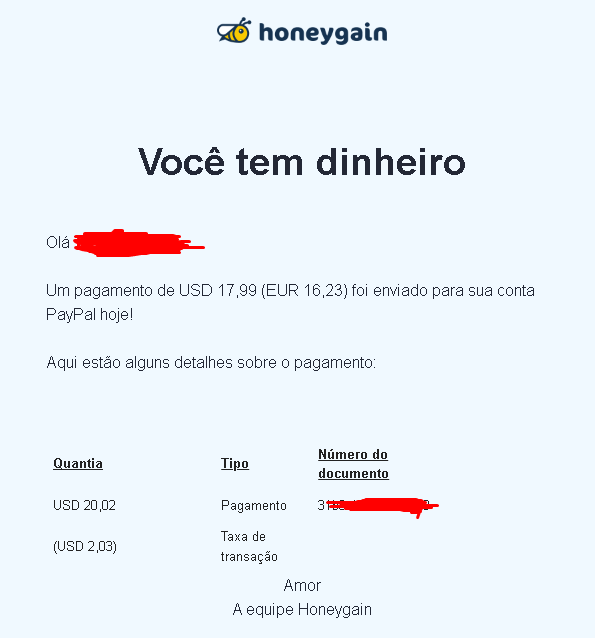 Captura de tela de e-mail do PayPal mostrando comprovante de pagamento recebido do Honeygain no valor de 17,99 dólares.