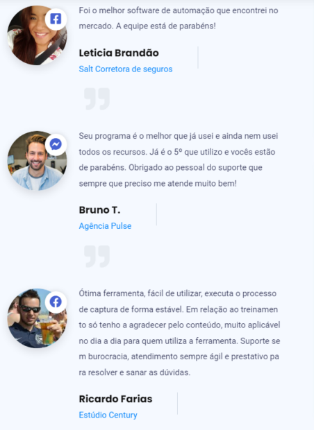 Principais depoimentos de clientes do GLeads - Extrator de Leads do Google