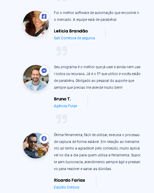 Print de depoimentos reais de clientes, incluindo corretores e agências de marketing, confirmando que o GLeads funciona para automação de leads e elogiando o suporte técnico.