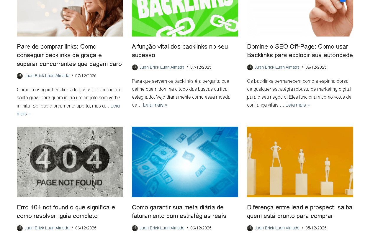 Grade de postagens de blog com datas recentes e temas variados, ilustrando a importância da atualização de conteúdo antigo para manter a relevância no SEO.