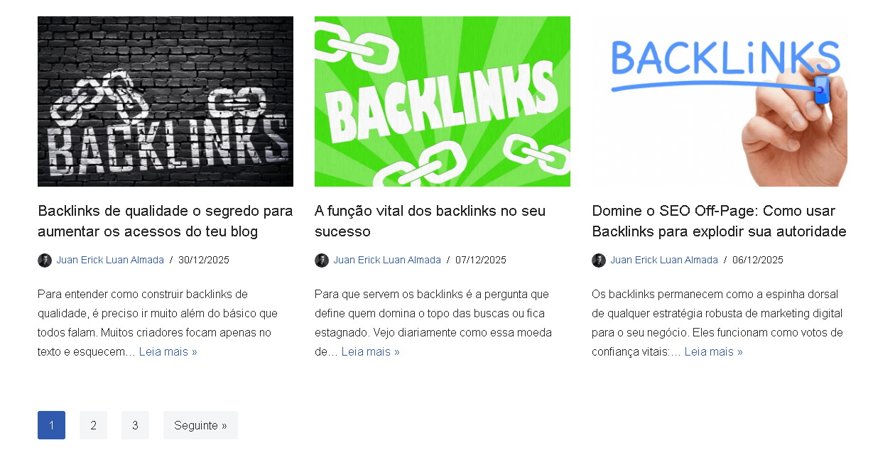 Grade de artigos de blog exibindo datas de publicação recentes para ilustrar a manutenção e atualização constante do site.