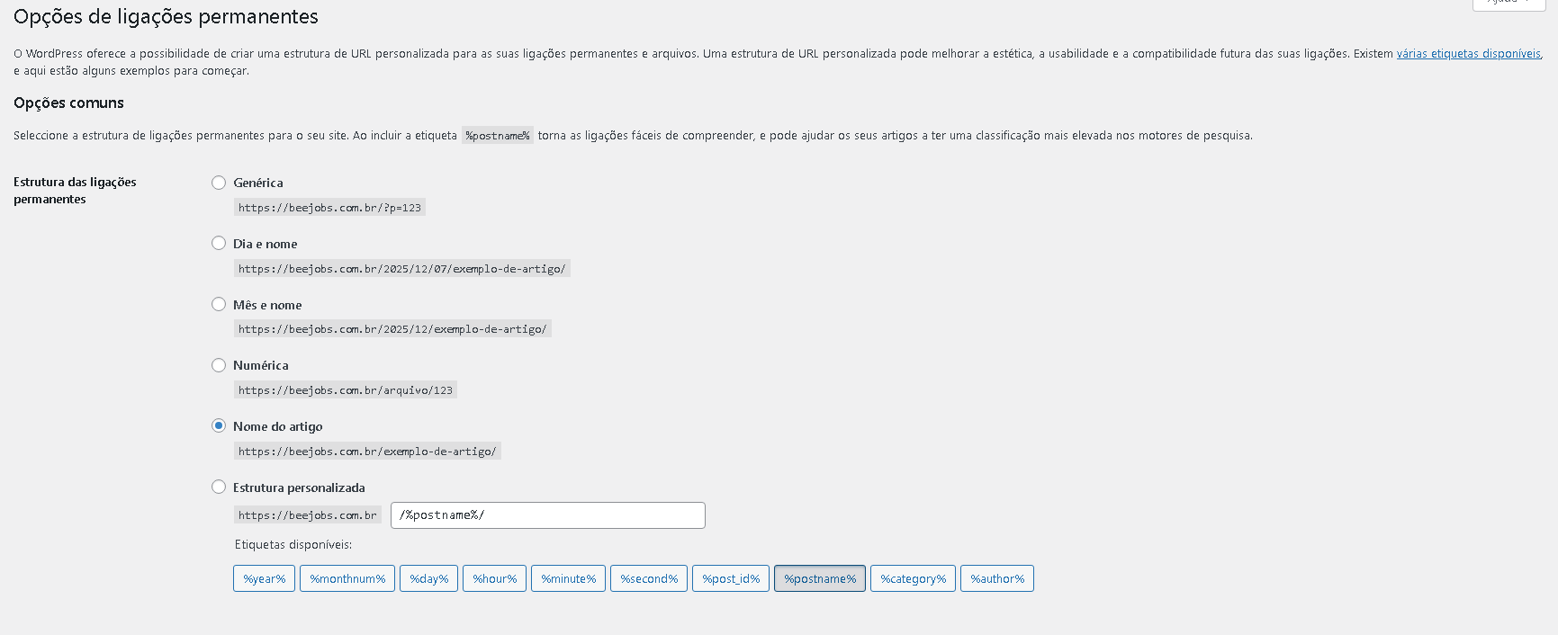Configurando Links Permanentes no WordPress Tela de opções de ligações permanentes do WordPress com a estrutura Nome do Artigo selecionada para corrigir falhas de URL e Erro 404.