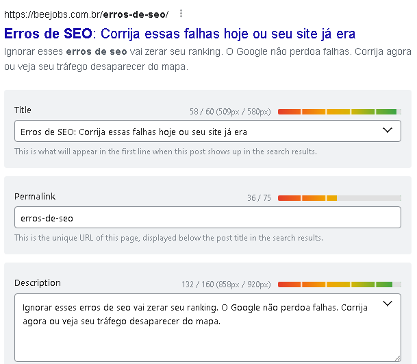 Captura de tela de plugin de SEO mostrando a edição de título e meta description focada em aumentar a taxa de cliques nos resultados de busca.