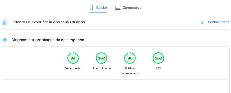 Captura de tela do Google PageSpeed Insights mostrando pontuações altas (verde) em desempenho, acessibilidade e SEO na versão mobile.