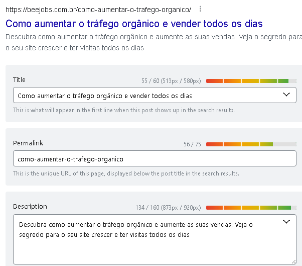 Interface de edição de SEO no WordPress mostrando campos preenchidos para título, permalink e meta descrição com barra de progresso verde indicando otimização ideal.