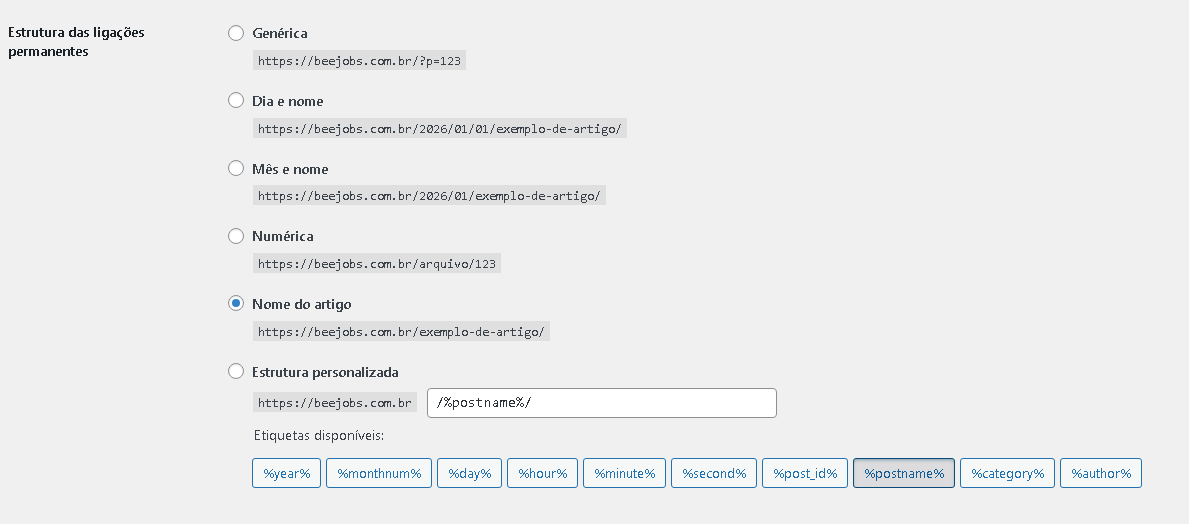 Captura de tela das configurações de links permanentes no WordPress, mostrando a opção "Nome do artigo" selecionada para criar URLs limpas.