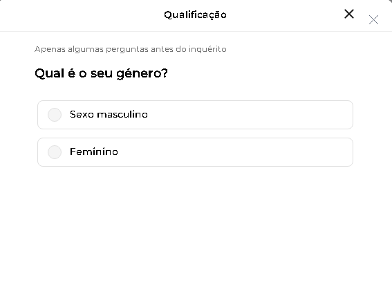 Tela de qualificação inicial em pesquisa do Superpay.me perguntando gênero para validar perfil e liberar tarefas remuneradas.
