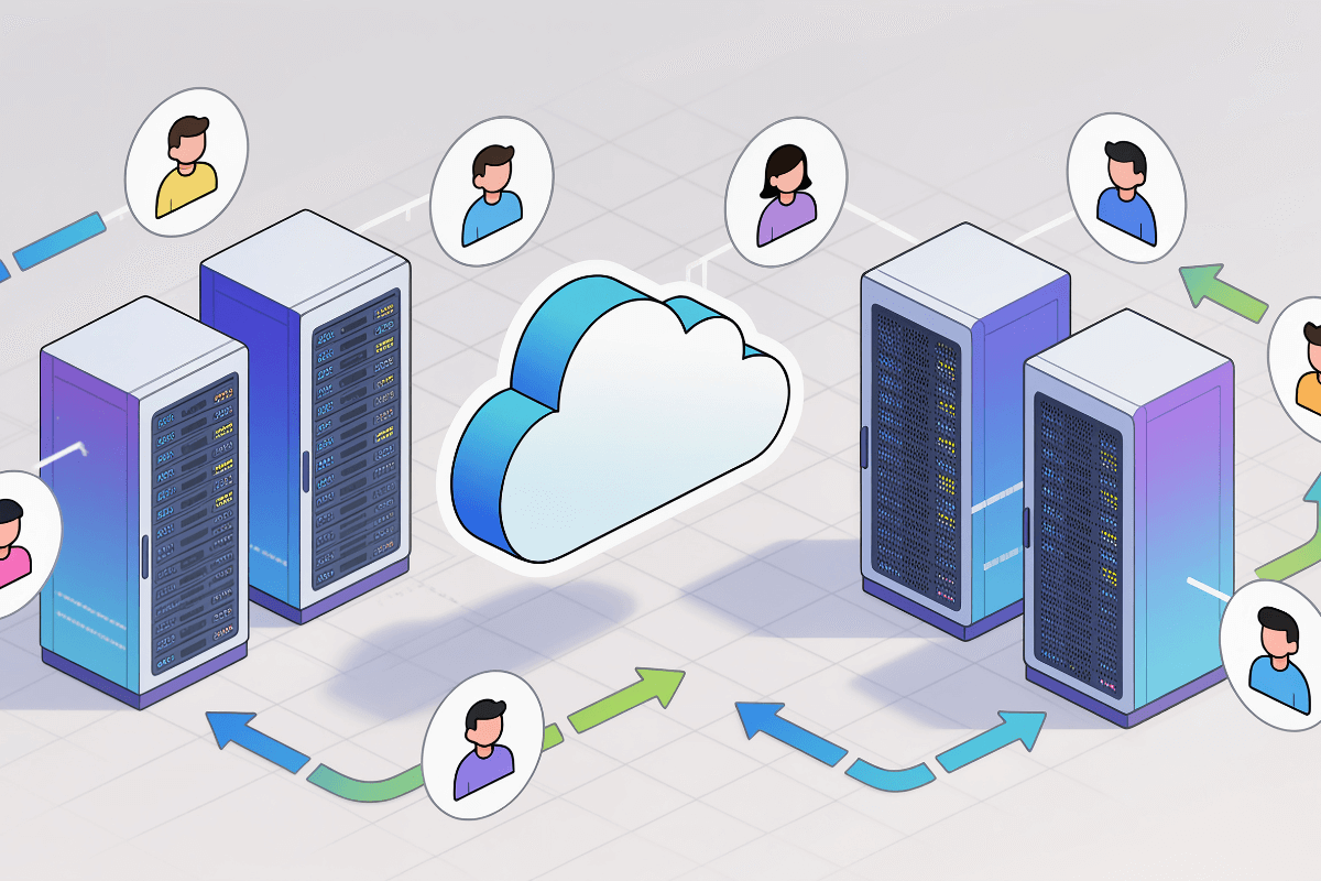 Ilustração isométrica de servidores de data center conectados a uma nuvem central distribuindo recursos para múltiplos usuários, representando a escalabilidade e a infraestrutura de cloud computing na revenda de hospedagem.