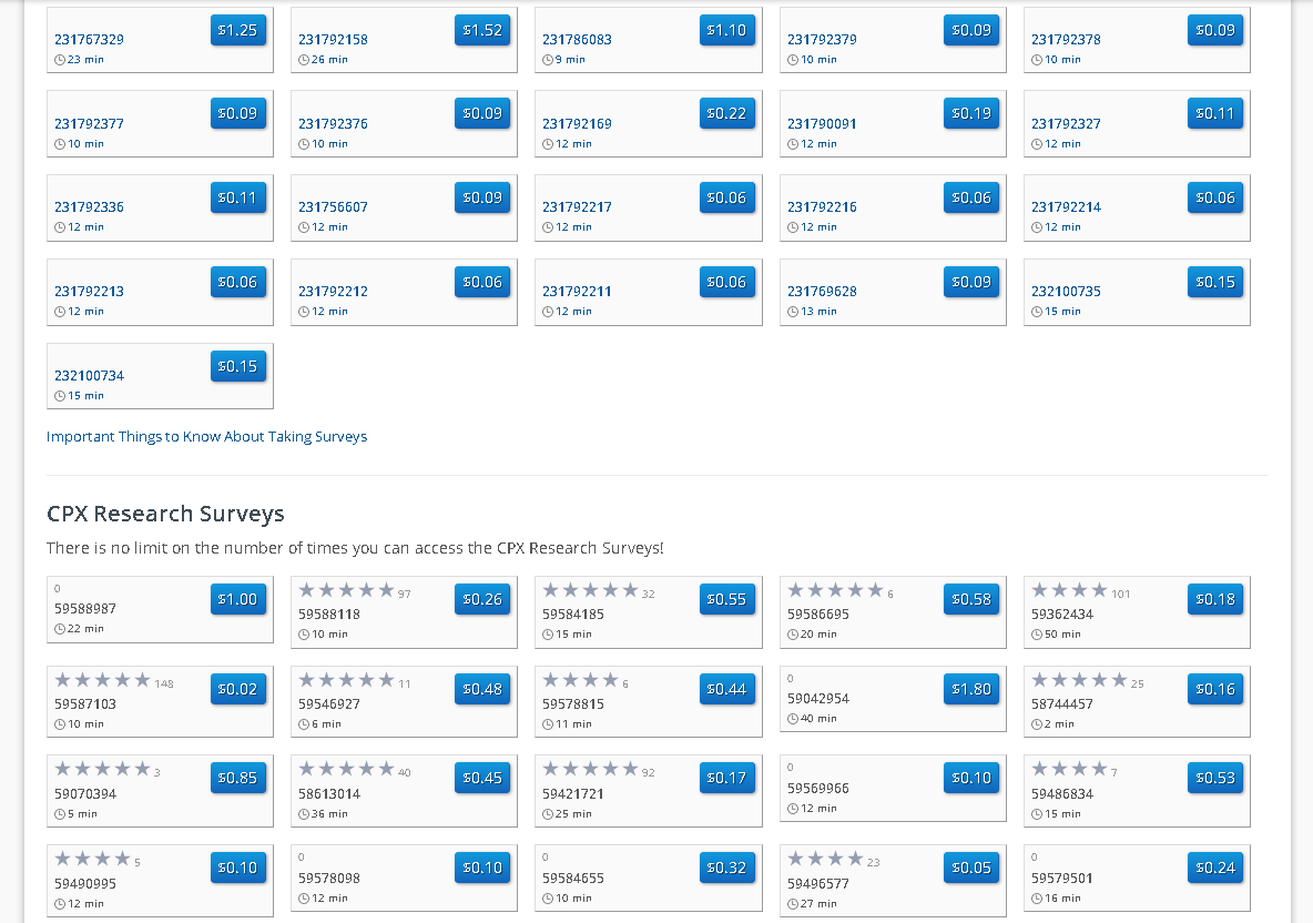 Captura de tela do painel do Ysense exibindo uma longa lista de pesquisas disponíveis, com destaque para a seção "CPX Research Surveys", ilustrando a estratégia de diversificação entre diferentes roteadores para encontrar pagamentos que variam de $0.10 a $1.80.