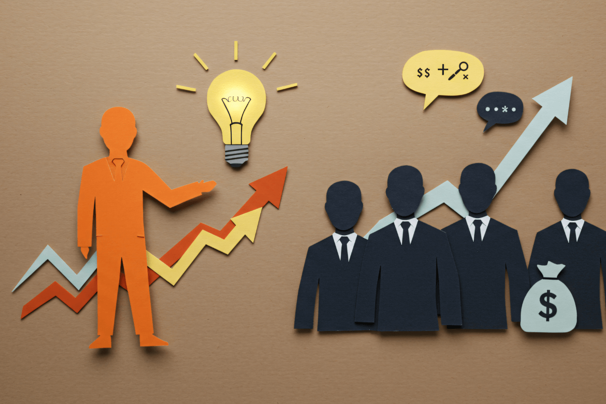 Ilustração estilo paper cut mostrando uma figura de destaque com uma lâmpada de ideia apontando para gráficos de crescimento ascendentes, representando como a estratégia e a mentalidade de longo prazo geram acúmulo financeiro consistente nas pesquisas remuneradas.