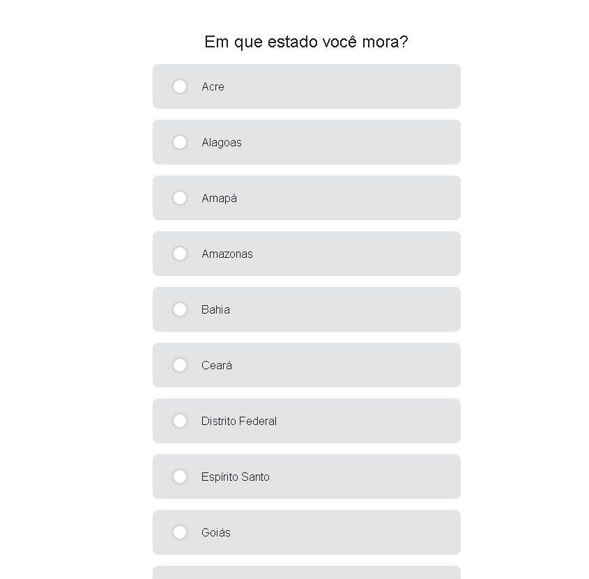 Captura de tela de uma pergunta de triagem no Ysense solicitando o estado de residência do usuário, utilizada frequentemente como teste de consistência para cruzar dados com o endereço IP e respostas anteriores, funcionando como uma pergunta armadilha para perfis falsos.