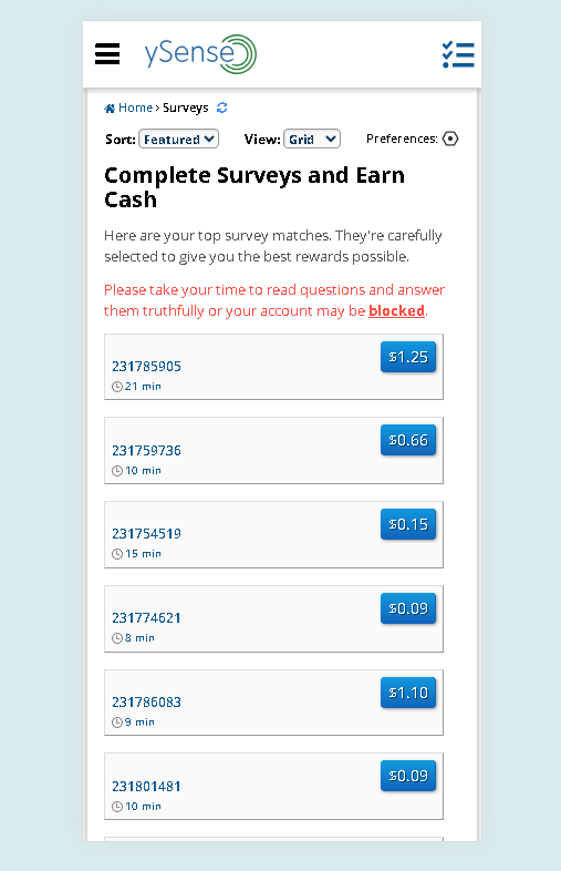 Captura de tela da interface mobile do ySense exibindo uma lista de pesquisas remuneradas com valores em dólar, demonstrando a facilidade de ganhar dinheiro pelo celular.