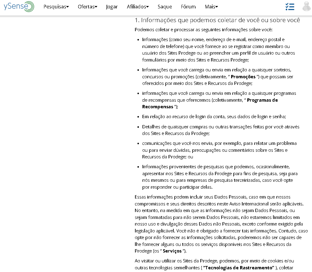 Captura de tela da política de privacidade do ySense detalhando a coleta de dados e segurança da informação garantida pela Prodege, confirmando que o site é seguro e transparente.