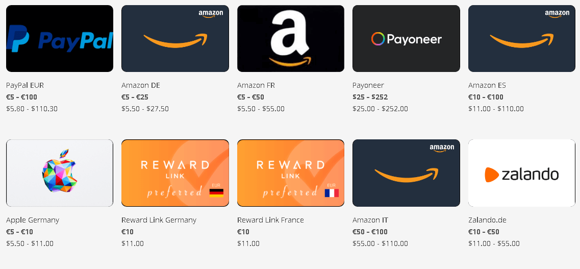 Exemplos de métodos de pagamento e recompensas seguros Mosaico de opções de pagamento digital incluindo PayPal, Payoneer e Gift Cards da Amazon, Apple e Zalando para resgate de recompensas online.