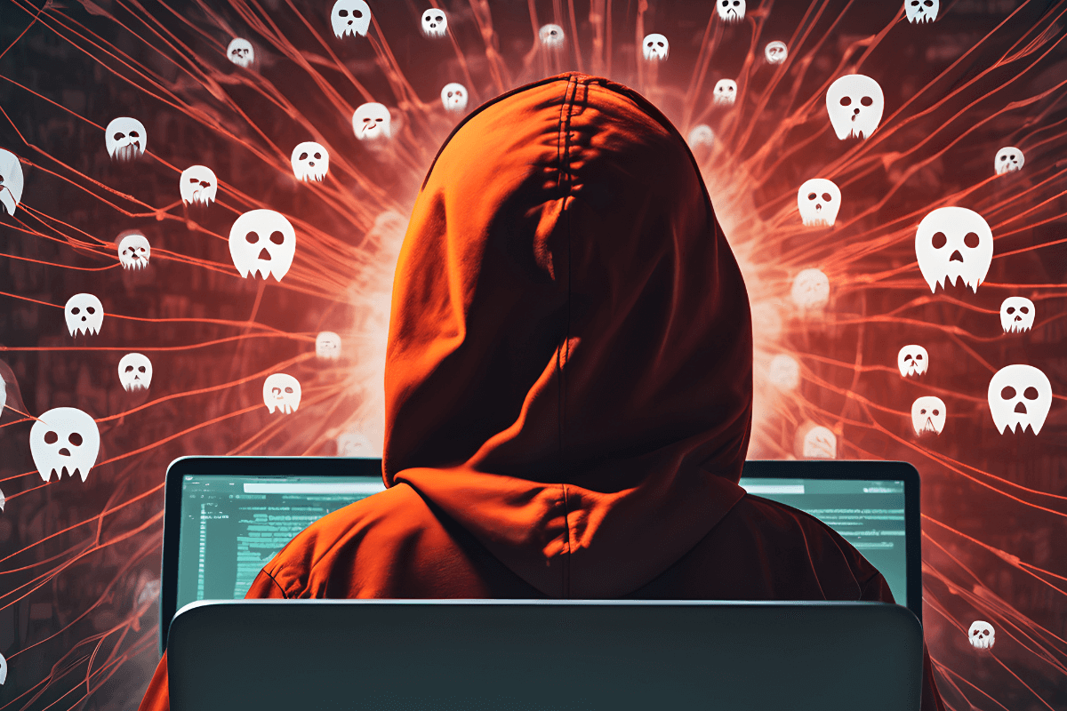 Como identificar sinais de fraudes e golpes na internet Ilustração de um hacker encapuzado no computador cercado por caveiras brancas, representando os riscos de segurança e golpes em sites de pesquisas falsos.