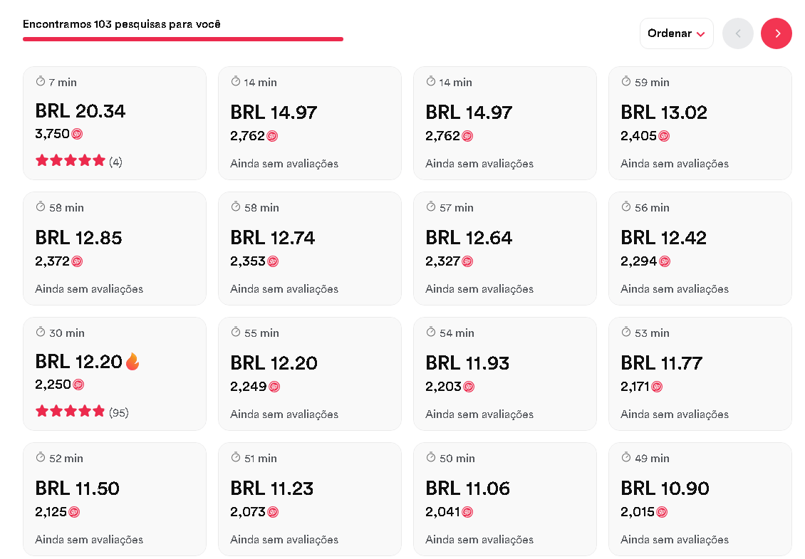 Painel do GrabPoints exibindo lista de pesquisas com pagamentos elevados em reais, como R$ 20,34 por 7 minutos, comprovando a vantagem competitiva sobre outras plataformas.