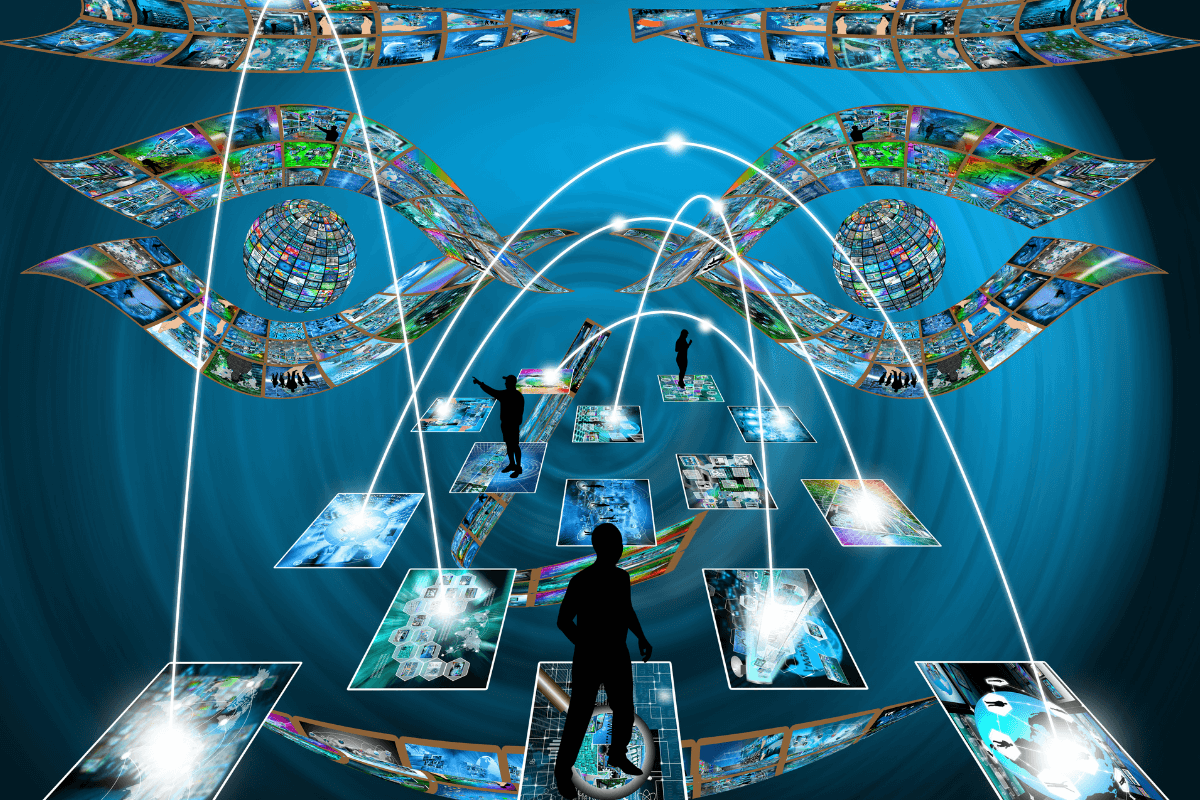 Como a Inteligência Artificial enxerga os links Ilustração abstrata de olhos digitais observando uma rede complexa de conexões e telas, representando como a inteligência artificial analisa o contexto semântico dos links.