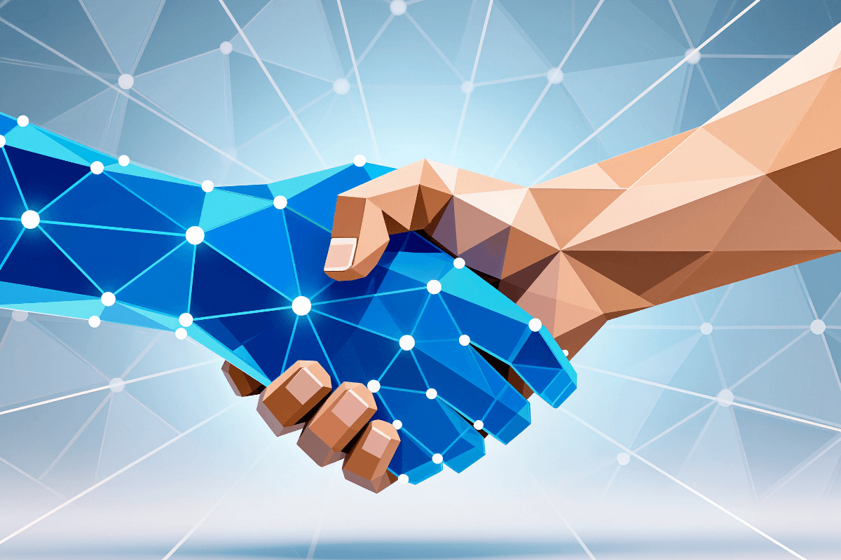 Backlinks como ferramenta de Branding e Autoridade Ilustração de um aperto de mão entre uma mão humana e uma digital, simbolizando a validação da marca e a confiança que backlinks de qualidade geram entre empresas e o algoritmo.