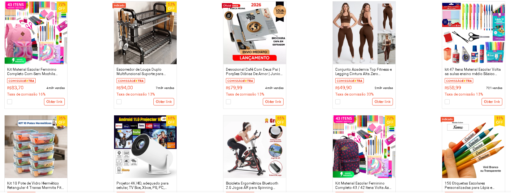 Captura de tela de um painel de afiliados exibindo diversos produtos físicos, como material escolar e eletrônicos, com taxas de comissão entre 13% e 33% e botões para obter link, demonstrando na prática como funciona o marketing de afiliados e vendas online.