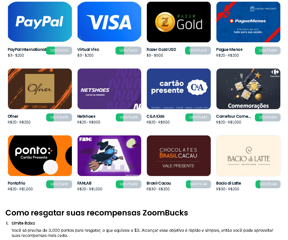 Painel de recompensas do Zoombucks exibindo opções de saque como PayPal e Visa com mínimo de 3 dólares, além de Gift Cards brasileiros como Netshoes, Carrefour e Pague Menos.