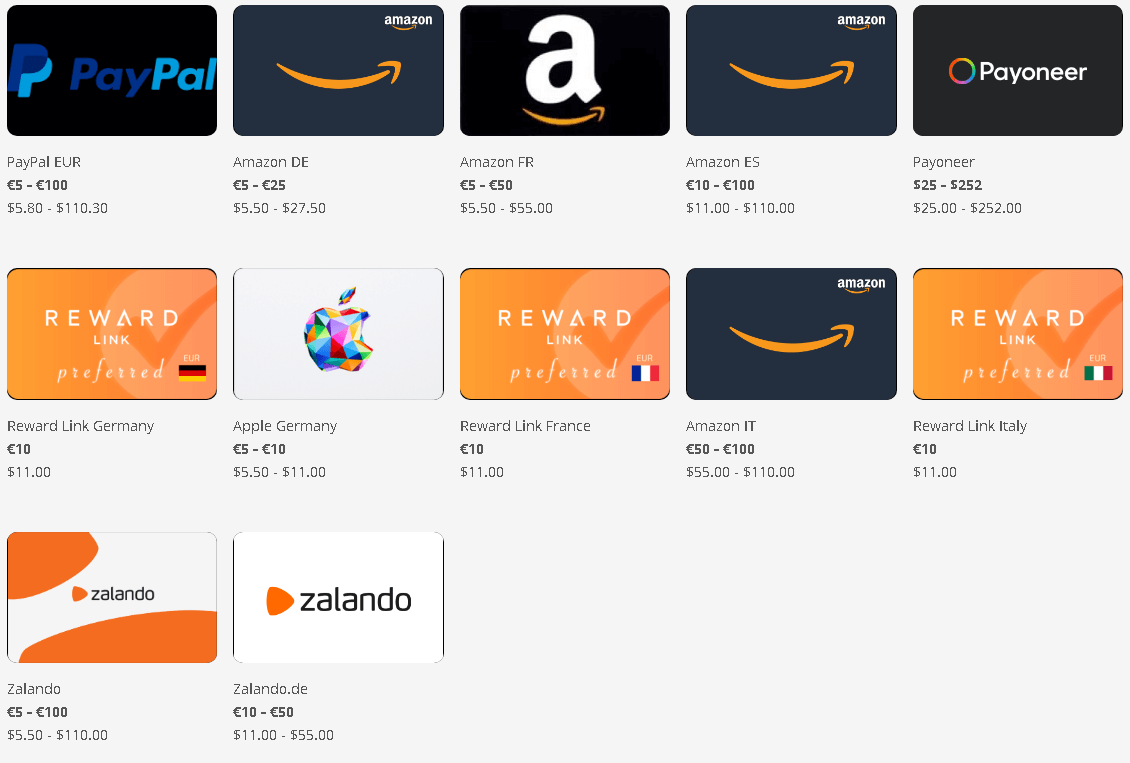 Captura de tela exibindo múltiplas opções de saque seguras como PayPal, Payoneer e vales-presente da Amazon para resgatar os ganhos das pesquisas em dólar e euro.