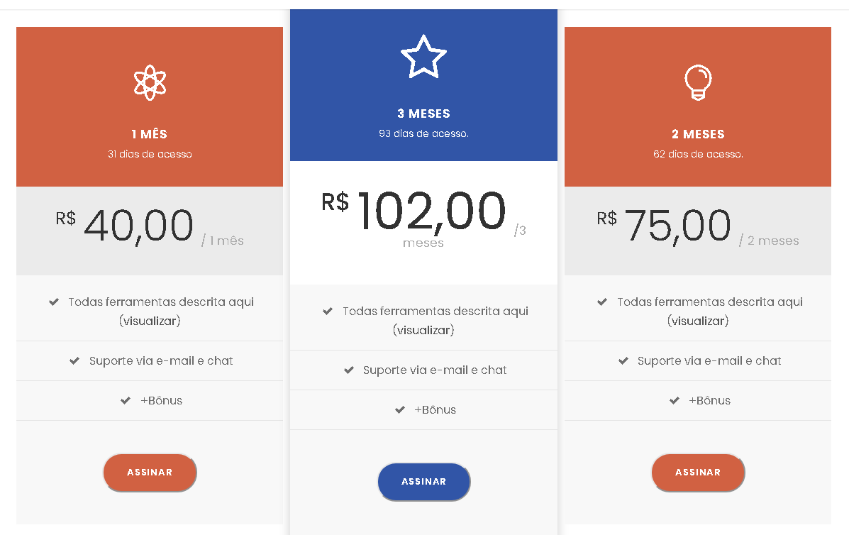 Tabela de preços do SEO Pack mostrando o plano mensal por R$40,00 e opções trimestrais com desconto para acesso compartilhado a ferramentas premium.