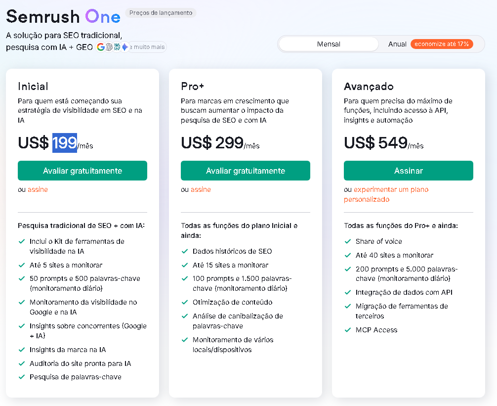 Tabela de preços da Semrush One exibindo os planos Inicial (US$199 ) , Pro+(US$299) e Avançado (US$549) com lista de recursos de SEO e IA.
